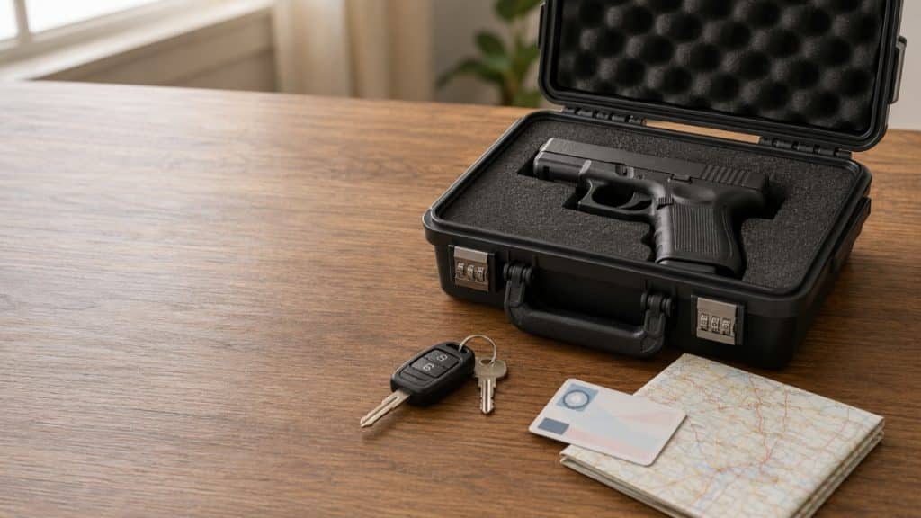 Why Responsible Gun Owners Are Getting Their Concealed Carry Permit Handgun secured in a travel case beside a concealed carry permit, road map and car keys