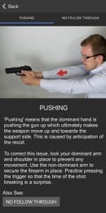 Mantis app screenshot identifying a pushing error during dry-fire practice