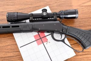 Savage Revel Tactical with a mounted Bushnell scope resting over a paper shooting target showing a small bullet group.