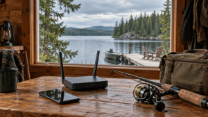 Wi-Fi router and fishing gear on a cabin table overlooking a lake and dock